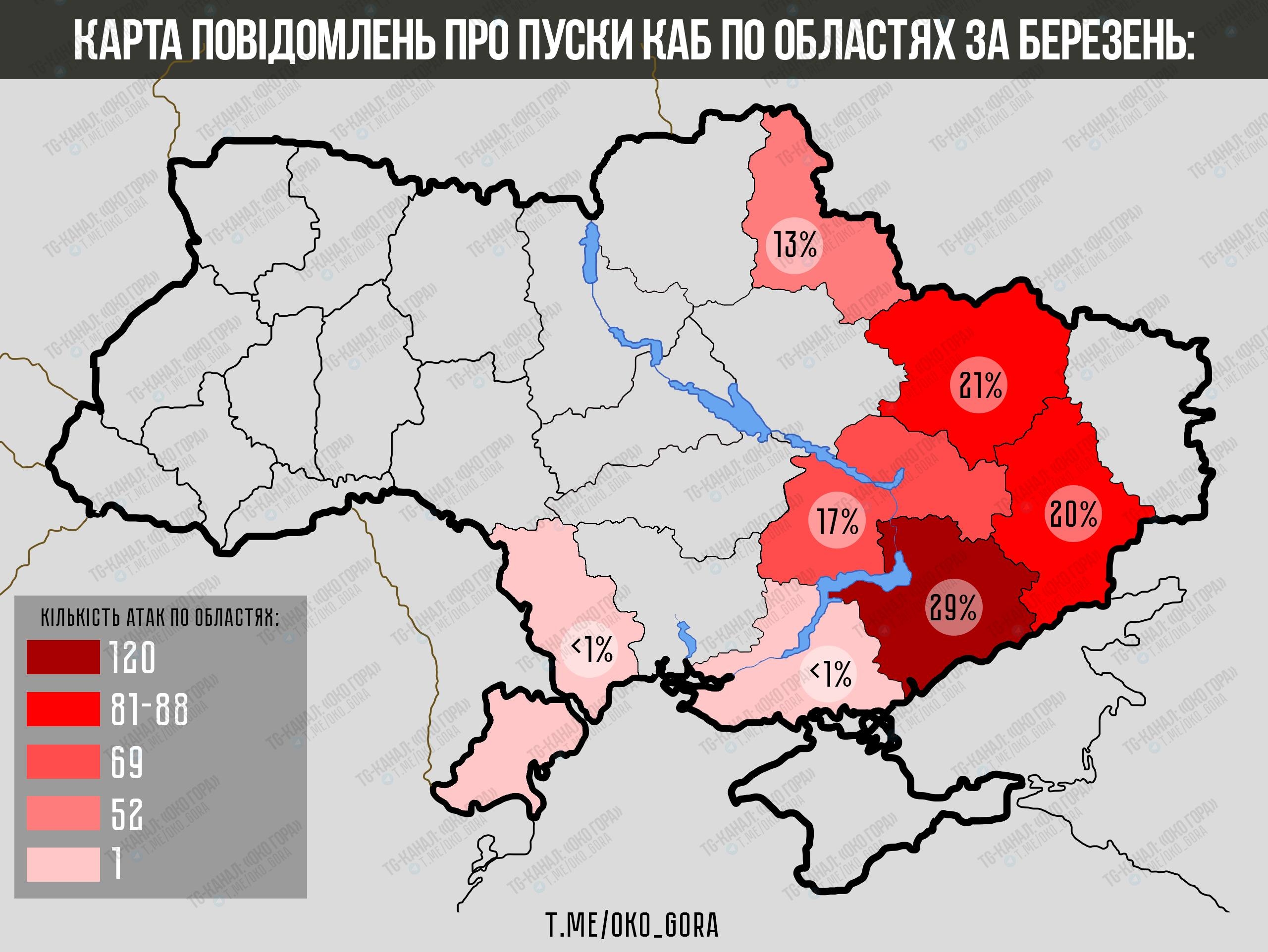 Применение российских управляемых авиабомб по регионам Украины в марте 2026 года
