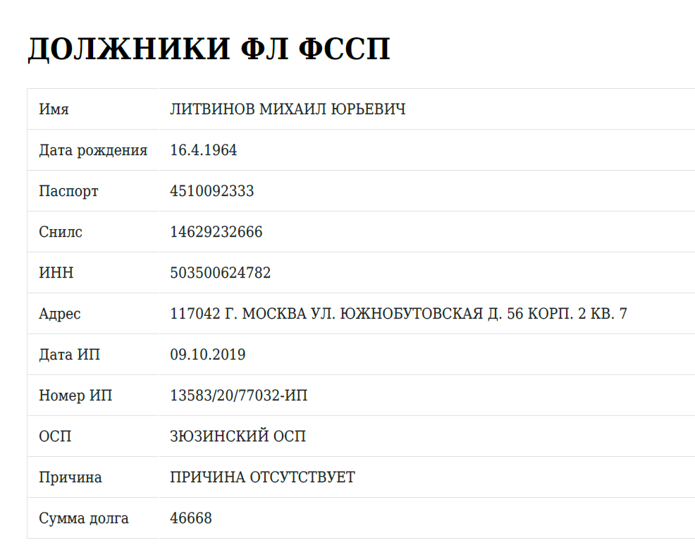 Карточка Федеральной службы судебных приставов на Литвинова